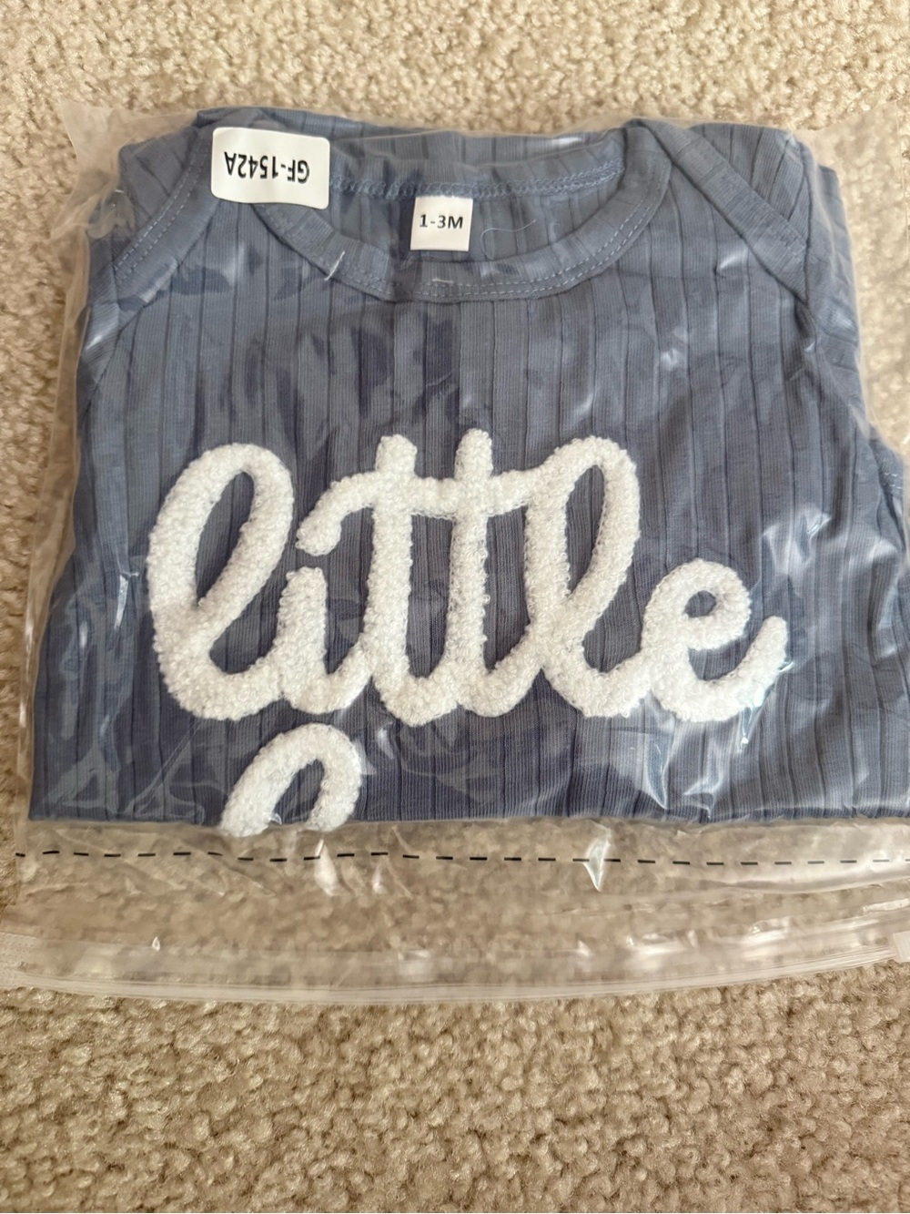 Blue Ribbed Baby Onesie with White 'Little' Chenille Applique